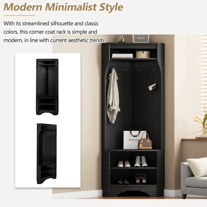 Minimalist Corner Hall Tree with Shoe Bench, 4 Hooks and Adjustable Shelf, Versatile Entryway Coat Rack Stand, 29.5" L x 18" W x 71.5" H, Black