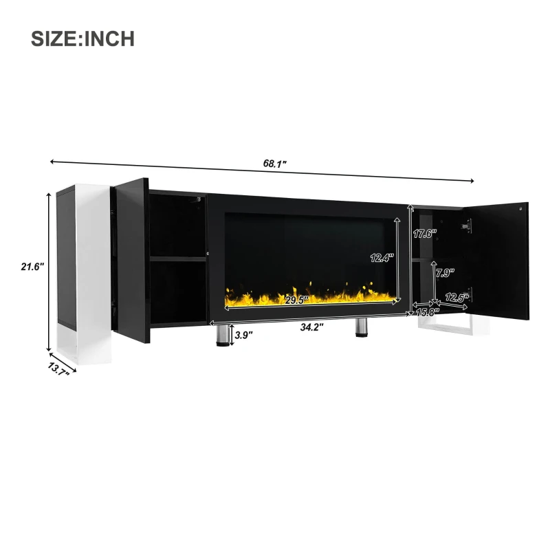 Modern TV Stand for TVs up to 78" with Electric Fireplace, Media Console with Cabinets, Entertainment Center, 68" L x 13.5" W x 21.5" H, Black