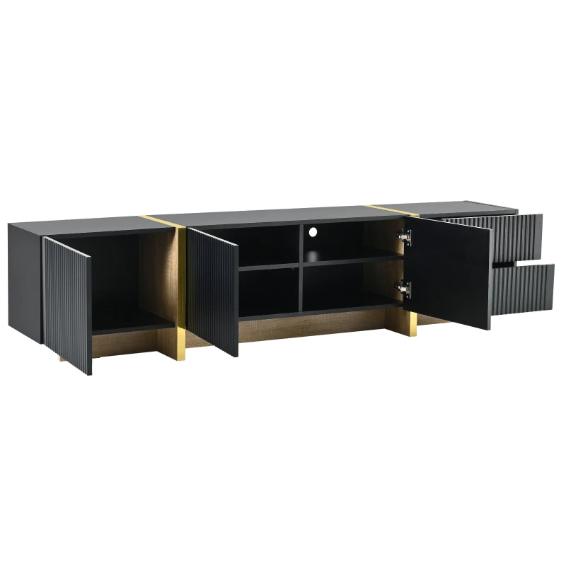 Luxury Fluted TV Stand with Storage Cabinets & Drawers, Smooth Media Console with Golden Wood Grain Legs, 75" L x 14" W x 18" H, Black