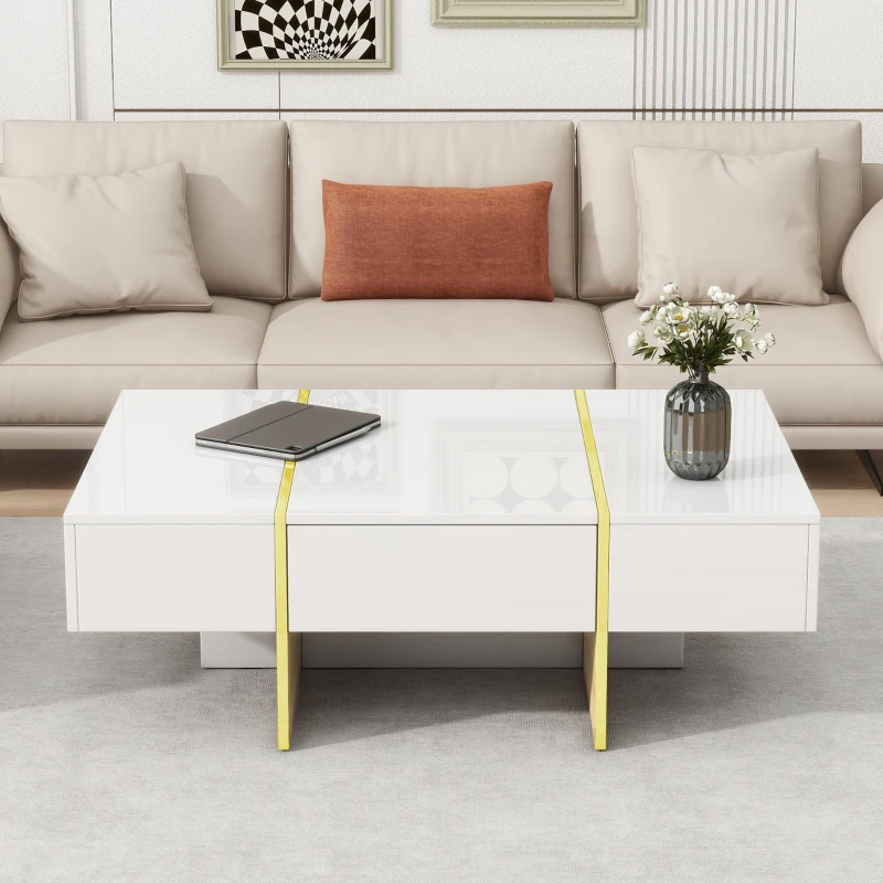 Minimalist High Gloss Coffee Table with 2 Drawers, Storage Rectangle Sofa Table, with Golden Wood Legs, 47" L x 31.5" W x 15.5" H, White