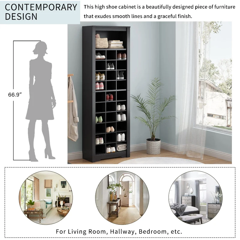 Contemporary Shoe Cabinet with Multiple Storage Capacity, Free Standing Tall Cabinet for Hallway or Bedroom, 24.5" L x 13" W x 74" H, Black