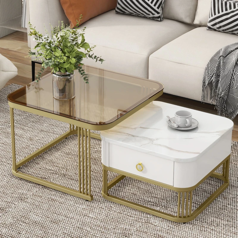 Nesting Coffee Table Set of 2 with Drawer, Square Stacking Tables with Tempered Glass and Marble Grain Tabletop for Living Room, White+Gold