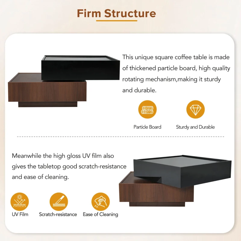 Multi-functional Square Coffee Table with 360° Rotating Top, 2 Drawers, High Gloss 2-Tier Design, 24" L x 24" W x 15" H, Black+Dark Walnut