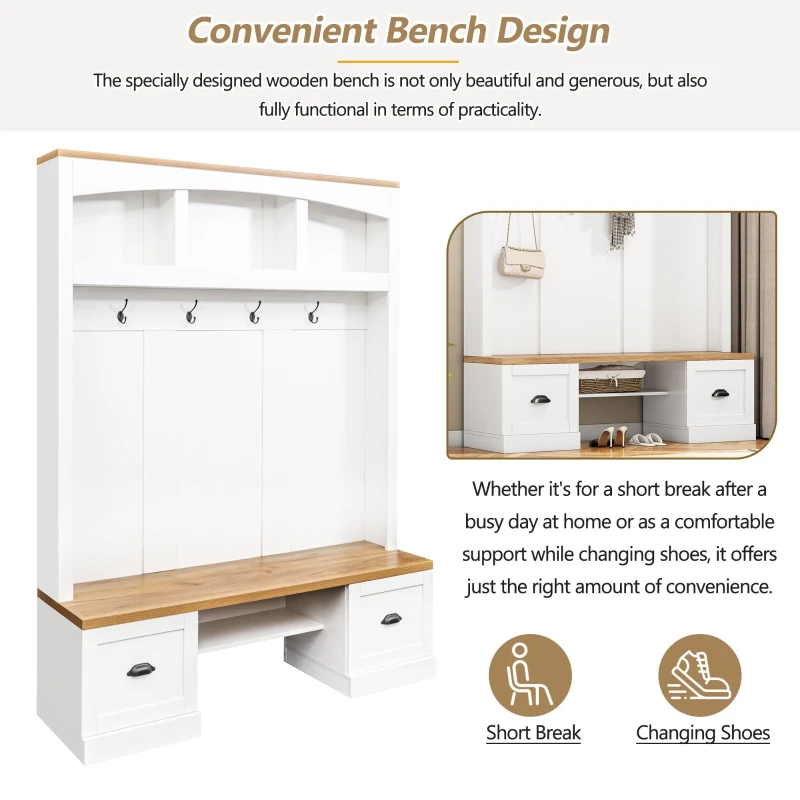 Farmhouse 4-in-1 Hall Tree with Bench and Adjustable Shelves, Multifunctional Storage Coat Rack with Hooks, 55" L x 16.5" W x 73.5" H, White
