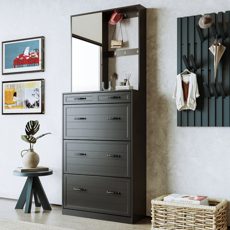 Vinsetto Multi-functional Shoe Cabinet with 3 Flip Drawers, Hall Tree with Mirror, Freestanding Entryway Organizer with 6 Hanging Hooks, Black