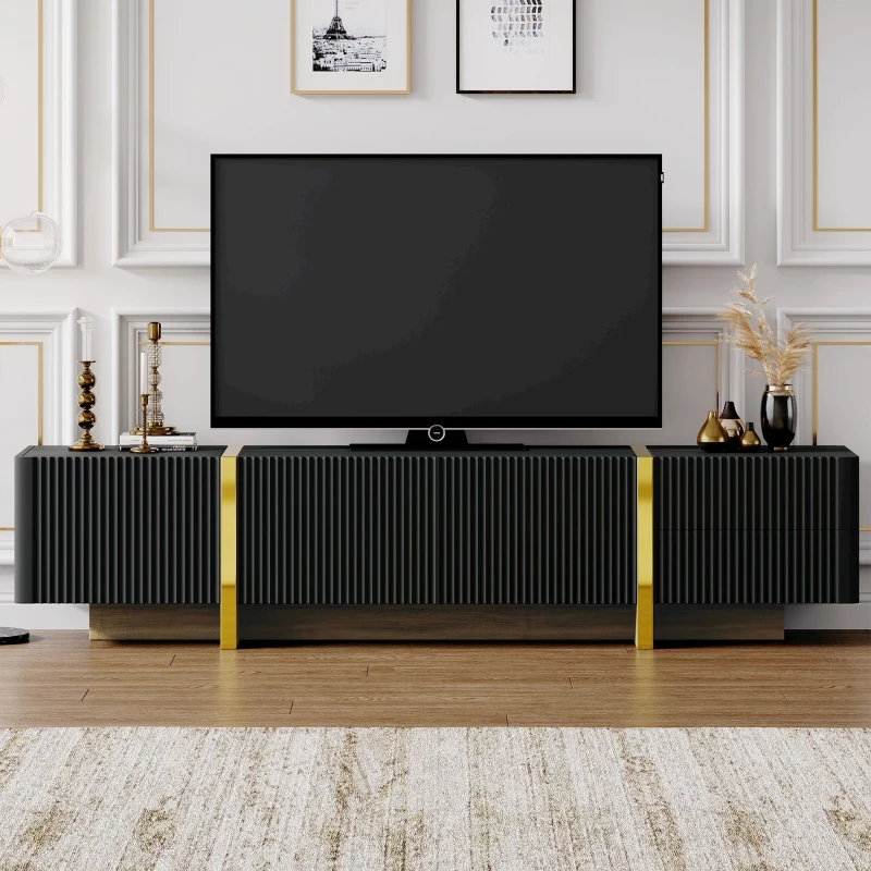 Luxury Fluted TV Stand with Storage Cabinets & Drawers, Smooth Media Console with Golden Wood Grain Legs, 75" L x 14" W x 18" H, Black