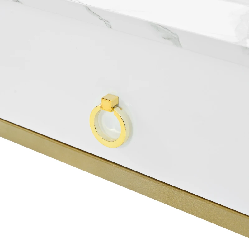 Nesting Coffee Table Set of 2 with Drawer, Square Stacking Tables with Tempered Glass and Marble Grain Tabletop for Living Room, White+Gold