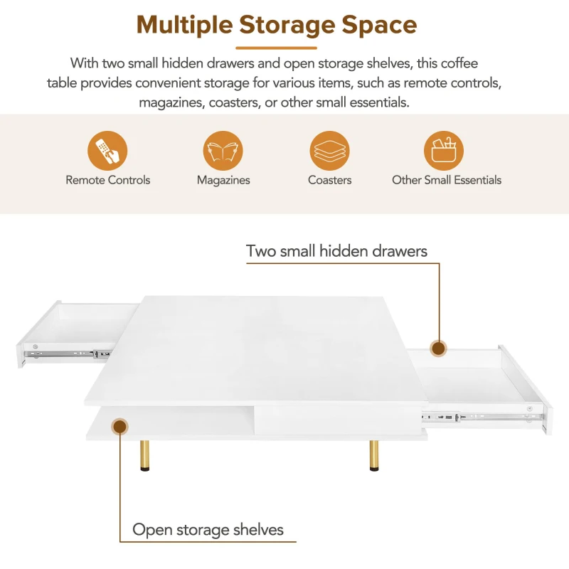 Exquisite High Gloss Coffee Table with 4 Golden Legs, 2 Small Drawers, and 2-Tier Square Design for Living Room, 33.5", White