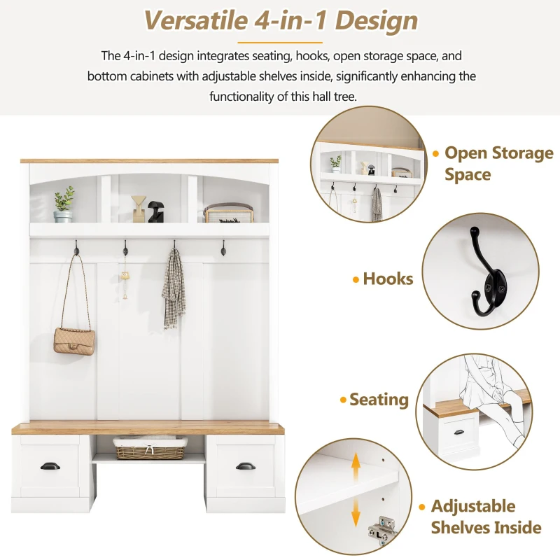 Farmhouse 4-in-1 Hall Tree with Bench and Adjustable Shelves, Multifunctional Storage Coat Rack with Hooks, 55" L x 16.5" W x 73.5" H, White
