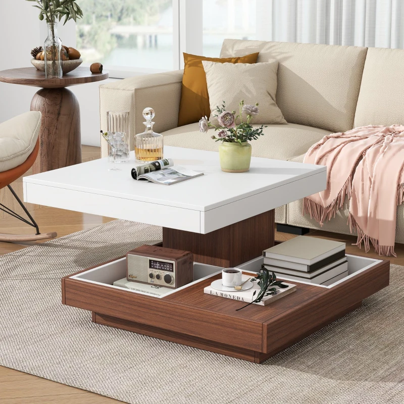 Square 360° Rotating Wood Coffee Table with 3 Detachable Trays, Storage Table for Living Room, 27.5" L x 27.5" W x 14" H, White+Walnut