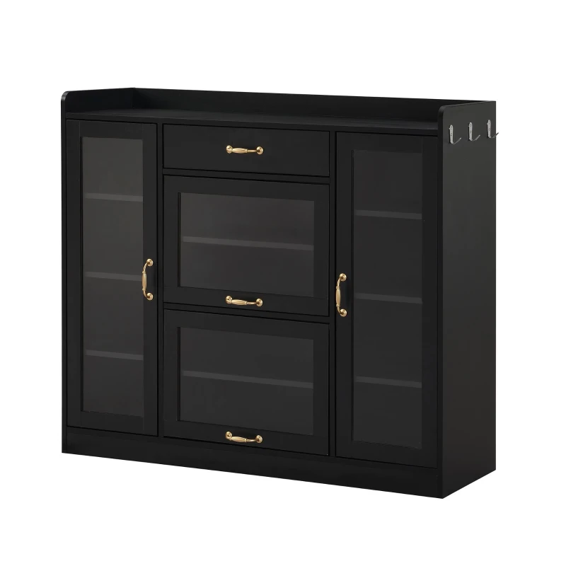 Vinsetto Modernist Side Storage Cabinets with 4 Glass Doors & 3 Hooks, Freestanding Shoe Rack with Adjustable Shelves, Gold Handles, Black