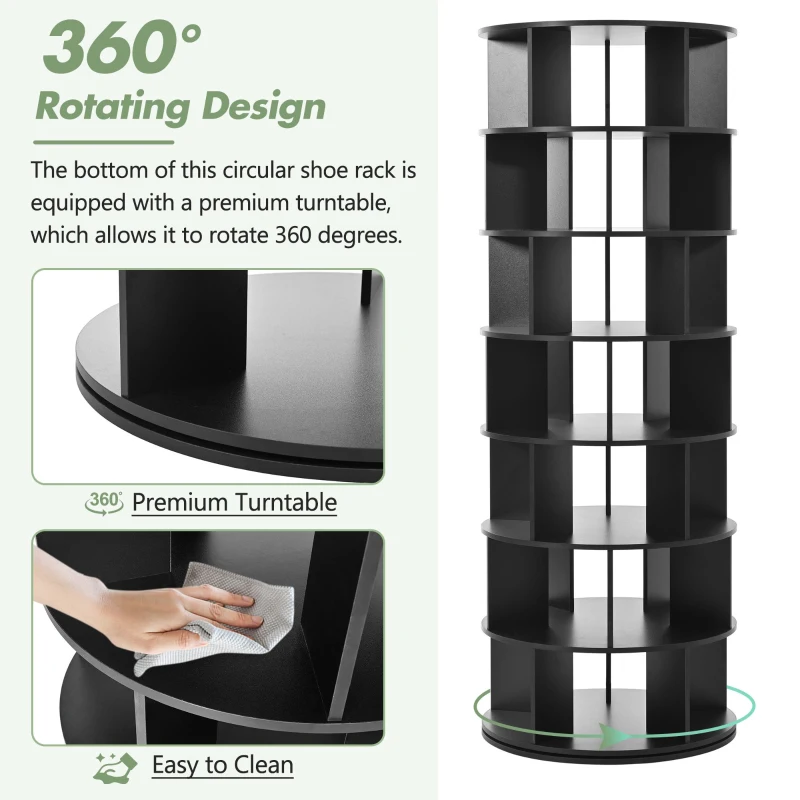 360° Spinning Shoe Cabinet with 5 Grids Per Layer, Adjustable 7-Tier Rotating Shoe Rack Tower, for Living Room, 23.5" L x 23.5" W x 65" H, Black