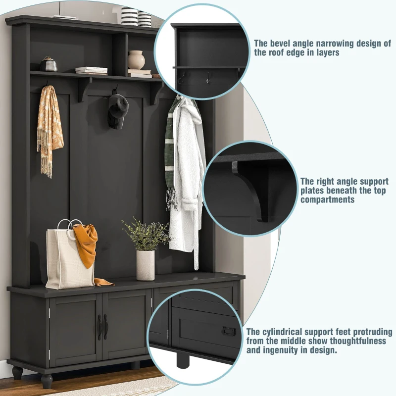 Modern Hall Tree with Storage Cabinet, 2 Large Drawers, Mudroom Bench with 5 Coat Hooks, 59" L x 16" W x 80.5" H, Black