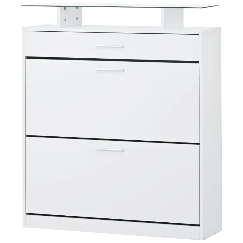 Shoe Cabinet with 2 Flip Drawers and Adjustable Shoe Storage, Tempered Glass Top, LED Light, 35" L x 9.5" W x 41" H, White