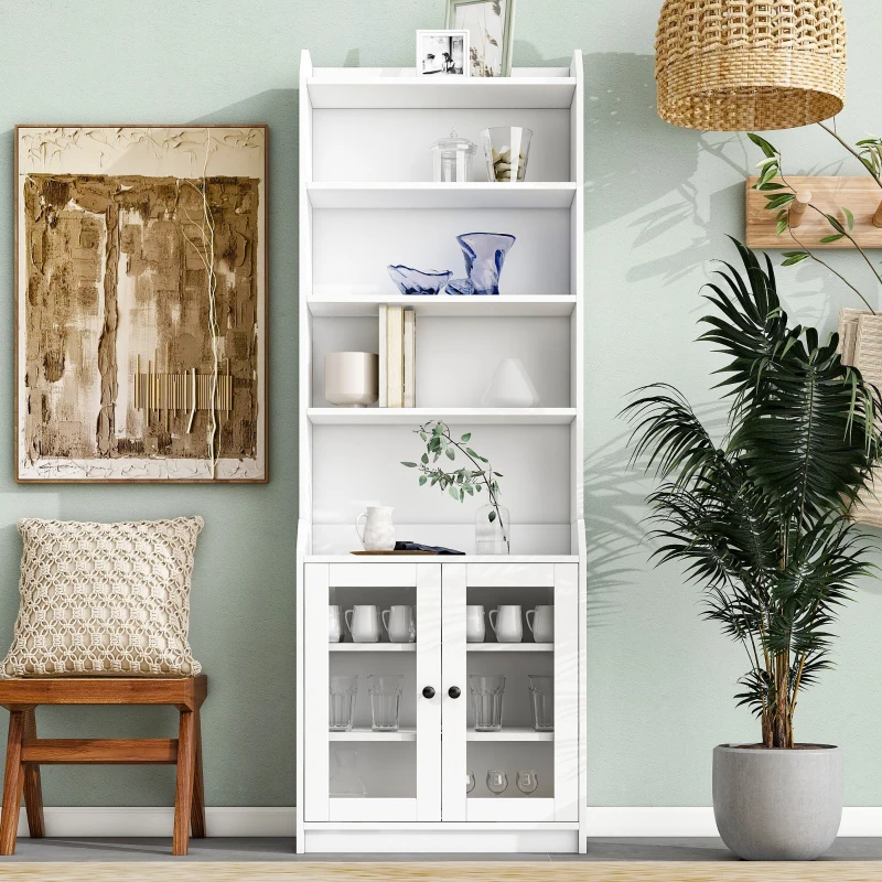Elegant Tall Cabinet with Acrylic Door, Adjustable Shelves, and Graceful Curves, 27.5" L x 14.5" W x 78.5" H, White