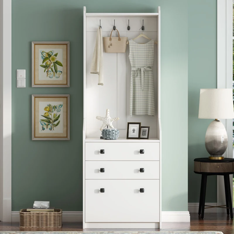 Vinsetto 27.5''W Narrow Hall Tree with Flip Drawer, Multi-functional Coat Rack with 4 Hanging Hooks & Adjustable Shoe Storage Cabinet for Hallway, White