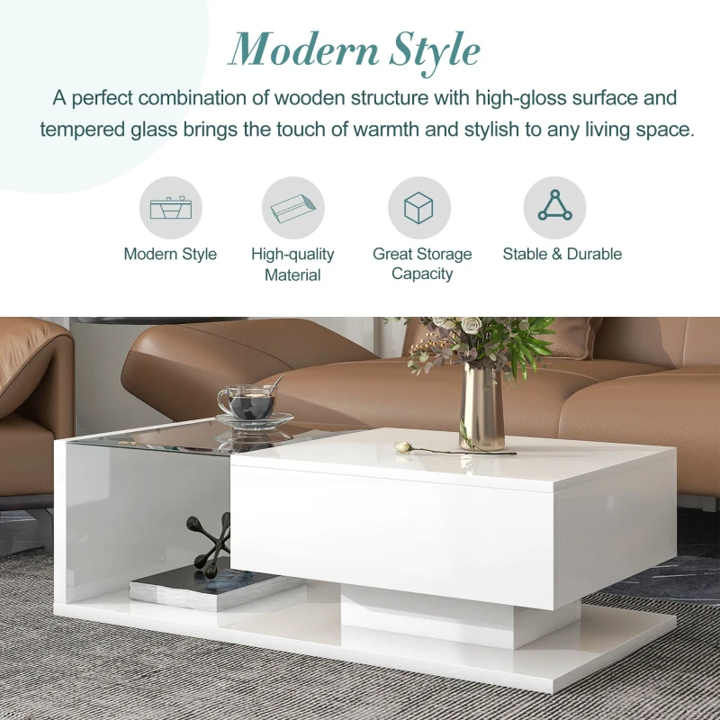 Modern Coffee Table with Tempered Glass, Wooden Cocktail Table with High-Gloss UV Surface, 2-Tier Rectangle Center Table for Living Room, White