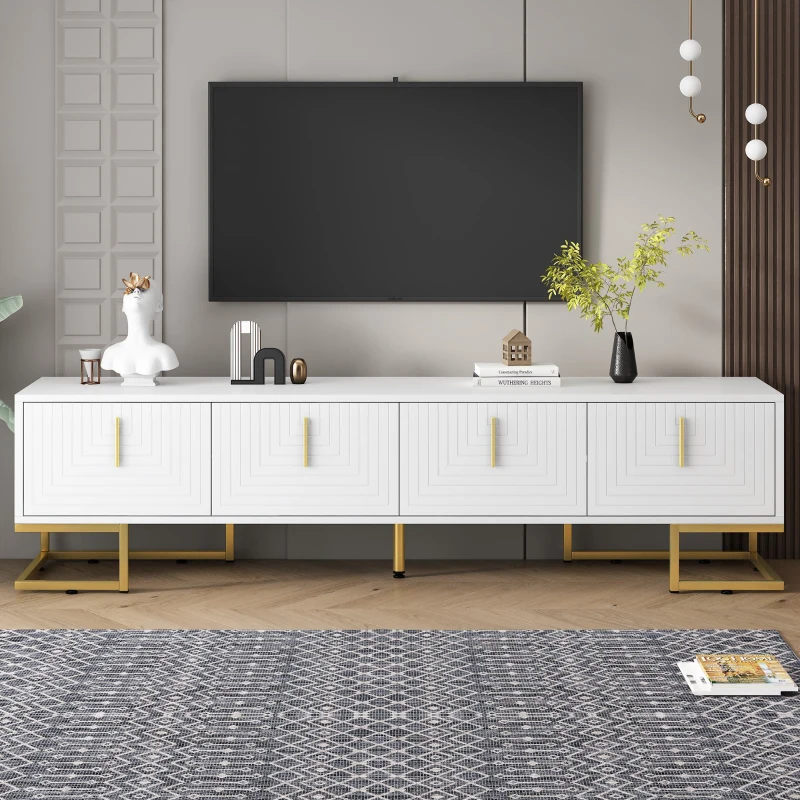Vinsetto Modern TV Stand with Metal Legs and Gold Handles for TVs Up to 80", Media Console Table with Cabinets and Adjustable Shelves, White+Gold