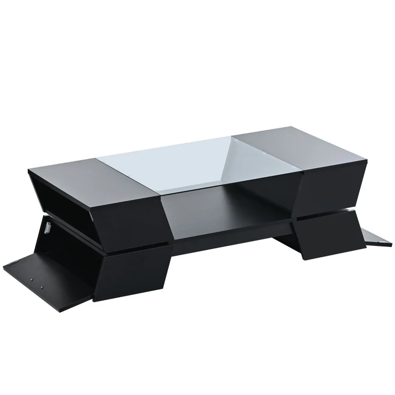 Vinsetto Glass-Top Coffee Table with Open Shelves and Cabinets, Geometric Style, 2-Tier Center Table for Living Room, 45" L x 22" W x 15" H, Black