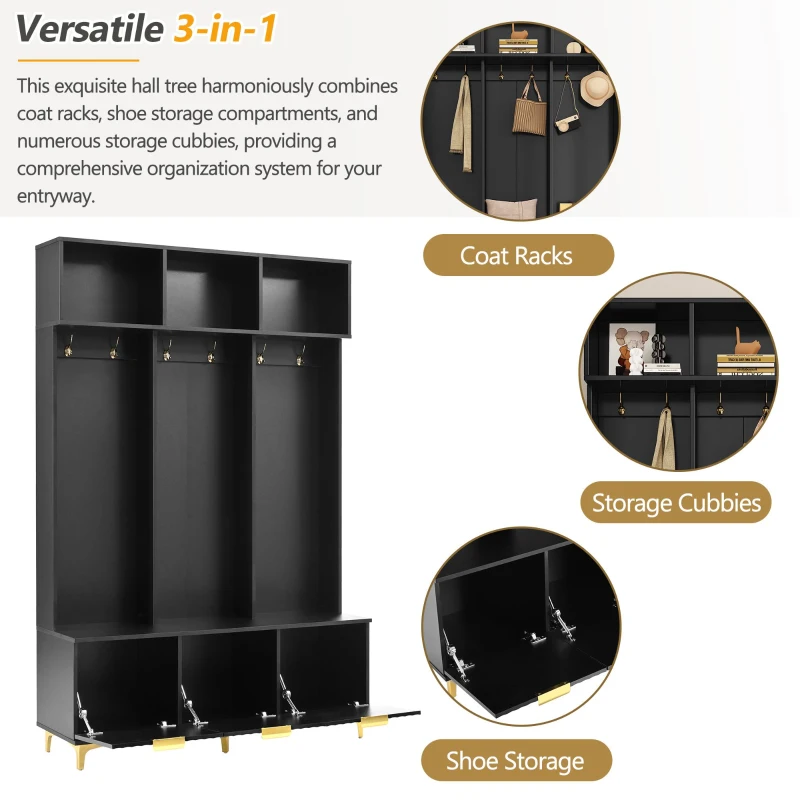 Modern Hall Tree with Bench, High Gloss Fluted Doors, 6 Gold Hooks, and Storage Cubbies, 49.5" L x 15.5" W x 75.5" H, Black+Gold