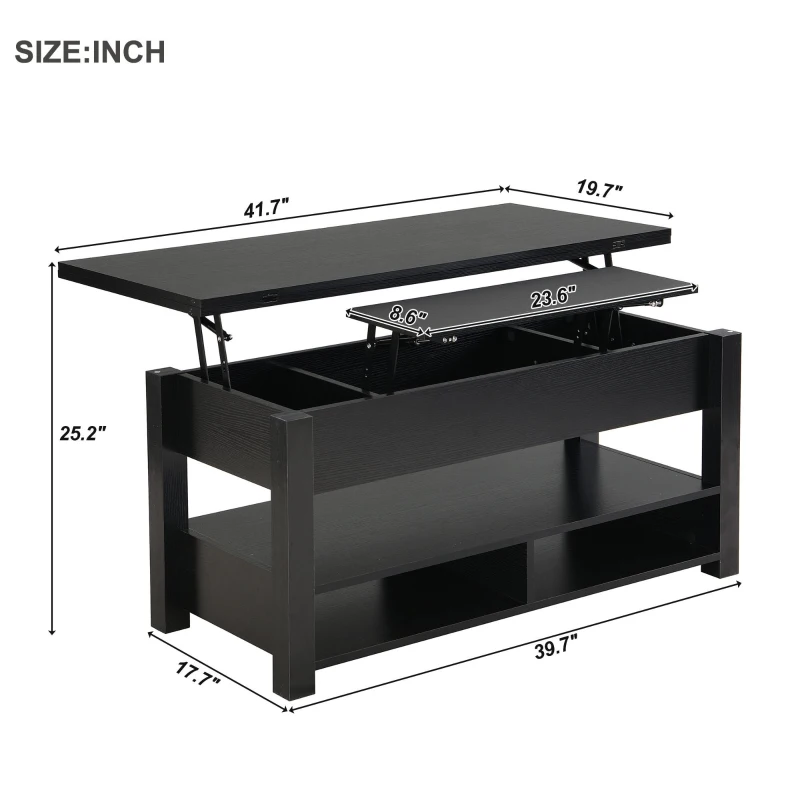 Vinsetto Lift Top Coffee Table with Multi-Functional Open Shelves, Modern Lift Tabletop Dining Table for Living Room, 42" L x 40" W x 25.5" H, Black