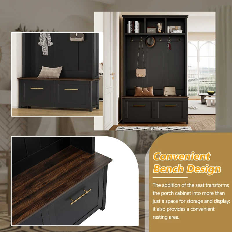 Vinsetto Versatile 4-in-1 Hall Tree with 6 Golden Hooks, Brown Wood Grain Bench, Multiple Storage Spaces, and 2 Drawers, 47" L x 15.5" W x 76.5" H, Black