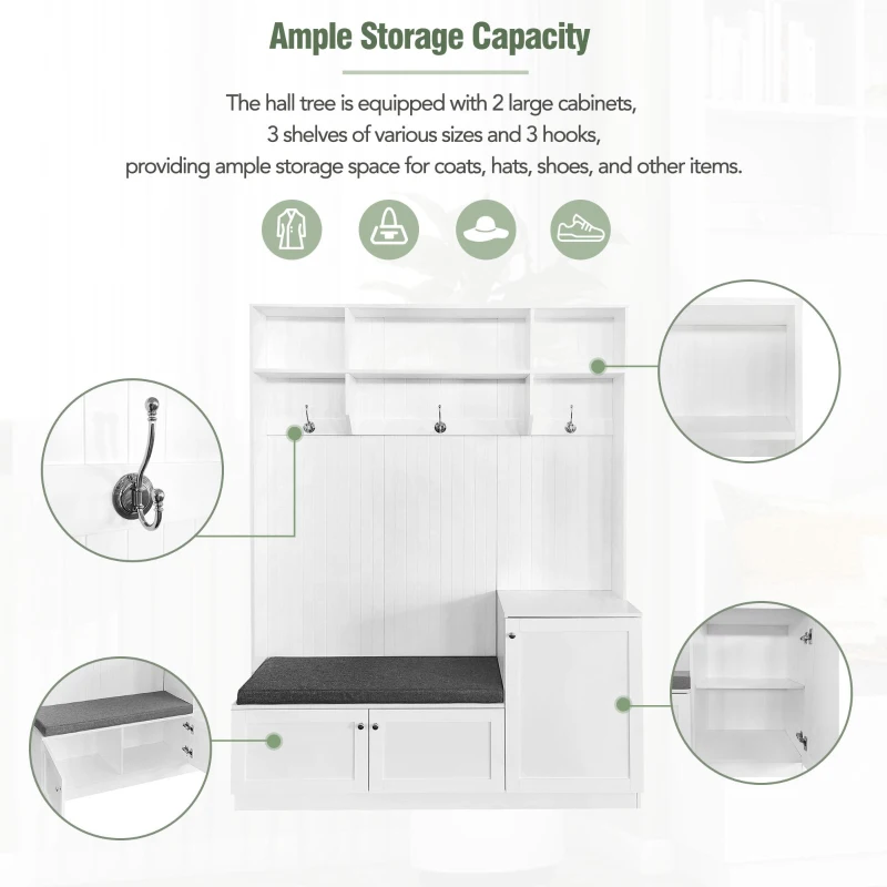 Vinsetto Elegant Hall Tree with Bench and Cushion, Modern Coat Rack with Hooks, Shoe Cabinet Storage, 59" L x 15.5" W x 78.5" H, White