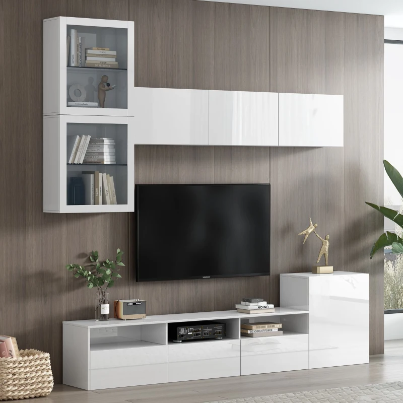 Vinsetto High Gloss TV Stand for TVs Up to 78" with Ample Storage, Media Console, Wall Mounted Floating Cabinets, 93" L x 15" W x 26" H, White