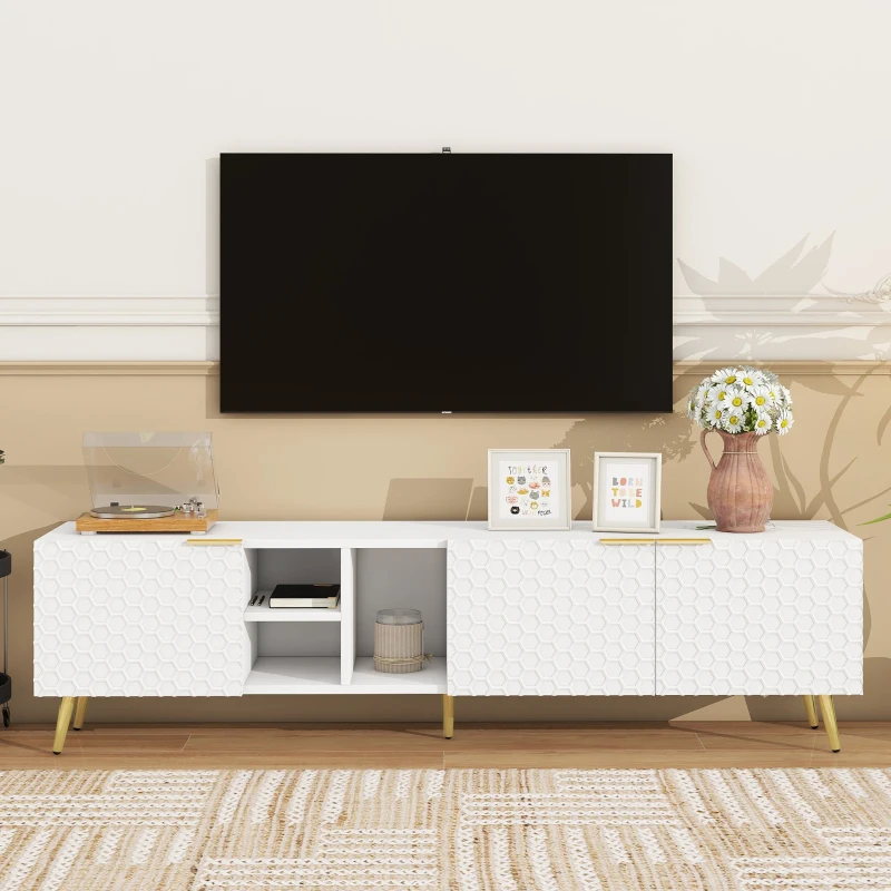 Vinsetto Modern Minimalist Geometric TV Stand with Metal Handles and Gold Legs, Fits TVs Up to 80", Multi-functional TV Stand with Storage Cabinets, White+Gold