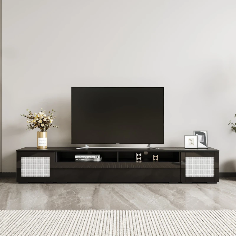 Vinsetto Modern TV Stand Fits TVs Up to 90" with Push to Open Doors, LED Lights, Rattan Style Entertainment Center, 82.5" L x 15.5" W x 14" H, Black