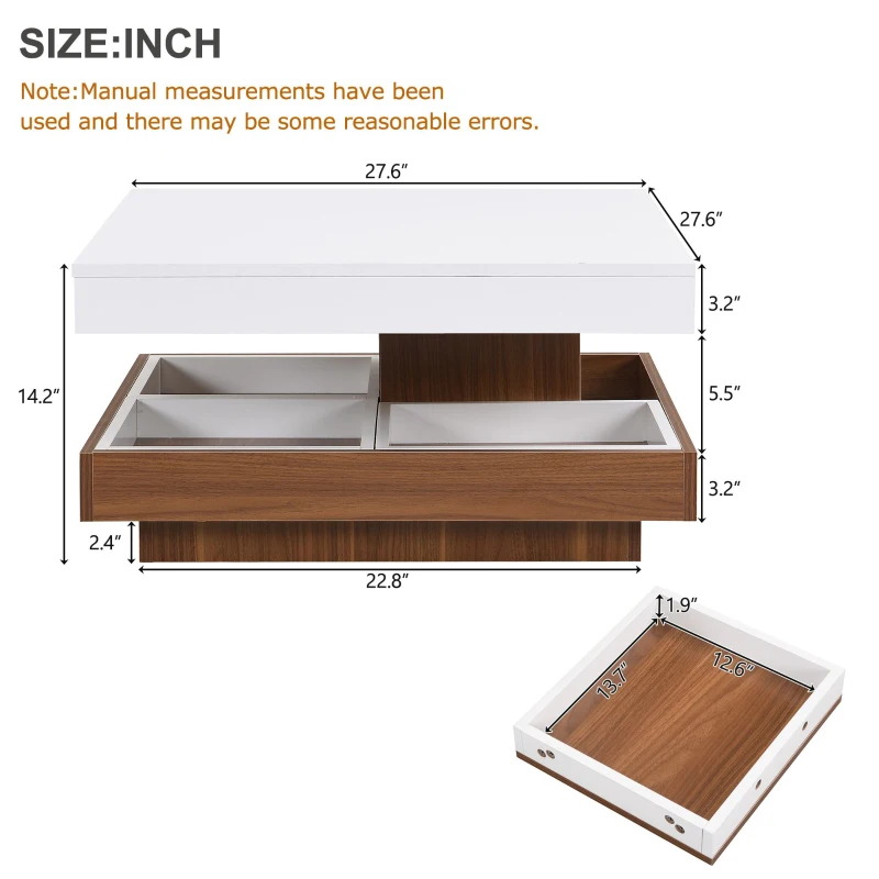 Square 360° Rotating Wood Coffee Table with 3 Detachable Trays, Storage Table for Living Room, 27.5" L x 27.5" W x 14" H, White+Walnut