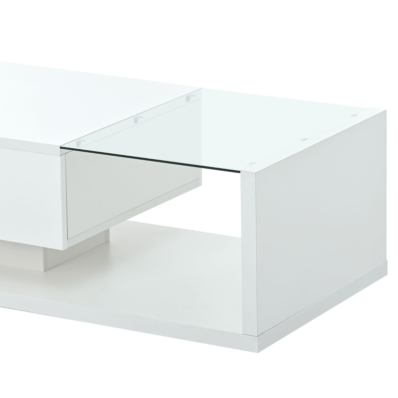 Modern Coffee Table with Tempered Glass, Wooden Cocktail Table with High-Gloss UV Surface, 2-Tier Rectangle Center Table for Living Room, White