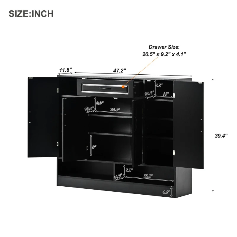 Vinsetto Sleek and Modern Shoe Cabinet with Adjustable Shelves, Minimalist Shoe Storage Organizer, Space-Saving Design, 47.5" L x 12" W x 39.5" H, Black