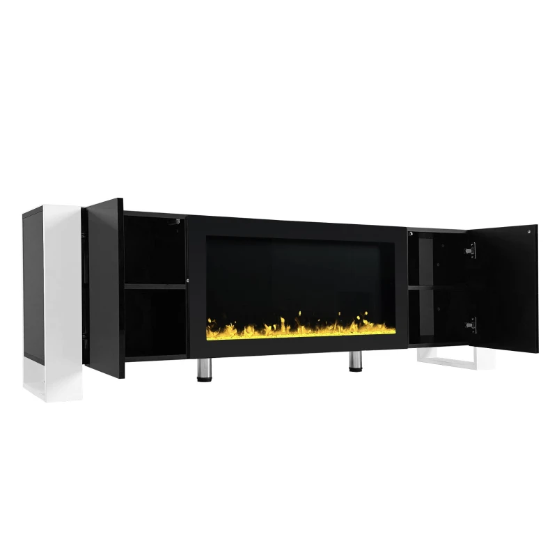 Modern TV Stand for TVs up to 78" with Electric Fireplace, Media Console with Cabinets, Entertainment Center, 68" L x 13.5" W x 21.5" H, Black