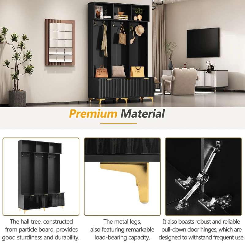 Modern Hall Tree with Bench, High Gloss Fluted Doors, 6 Gold Hooks, and Storage Cubbies, 49.5" L x 15.5" W x 75.5" H, Black+Gold