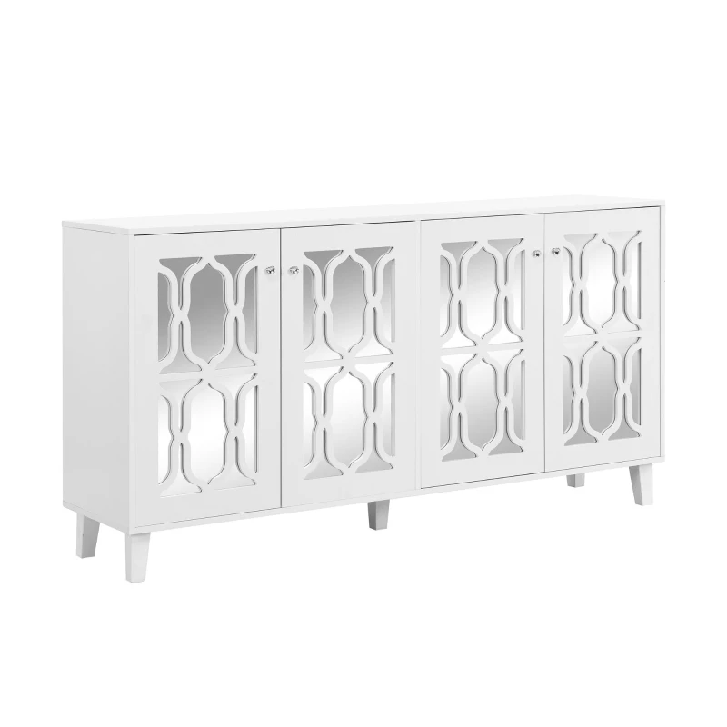 Vinsetto Side Cabinet with Adjustable Shelves, 4-Door Mirror Hollow-Carved TV Stand for TVs Up to 70", Multi-functional Console Table with Storage, White