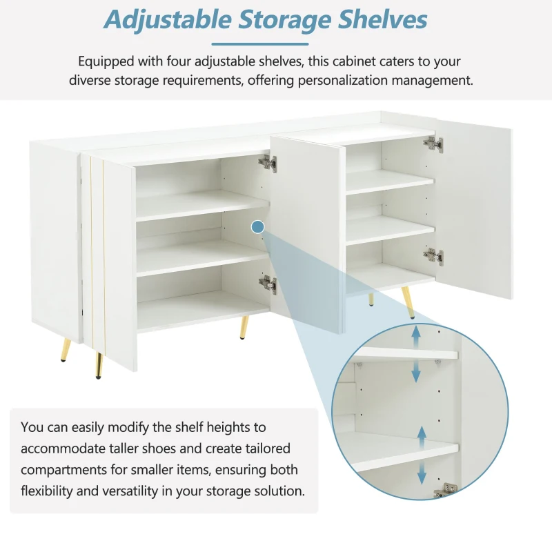 Storage Shoe Cabinet with 5 Metal Legs, Gold Lines Doors, Minimalist Sideboard Cabinet, Modern TV Stand, 63" L x 15" W x 31.5" H, White