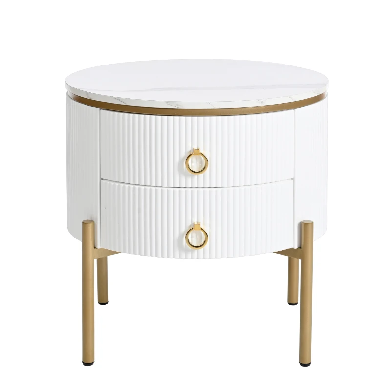 Vinsetto Round End Table with Storage Drawers, Modern Coffee Table with Faux Marble Top, Metal Legs and Handles, White+Gold