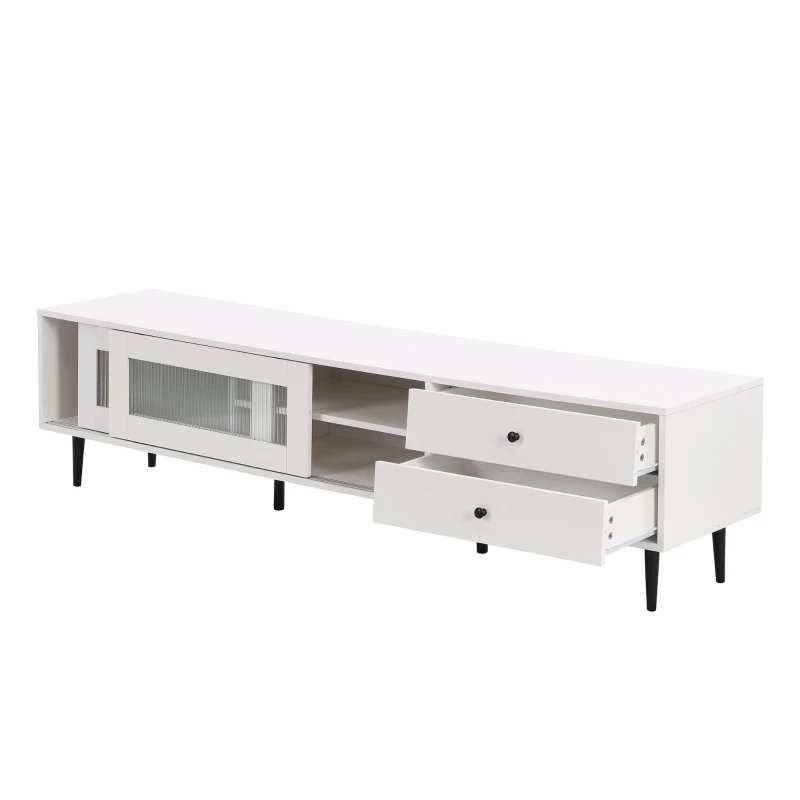Vinsetto Chic Elegant Design TV Stand with Sliding Fluted Glass Doors, Slanted Drawers Media Console for TVs Up to 75", TV Cabinet with Storage Space, White