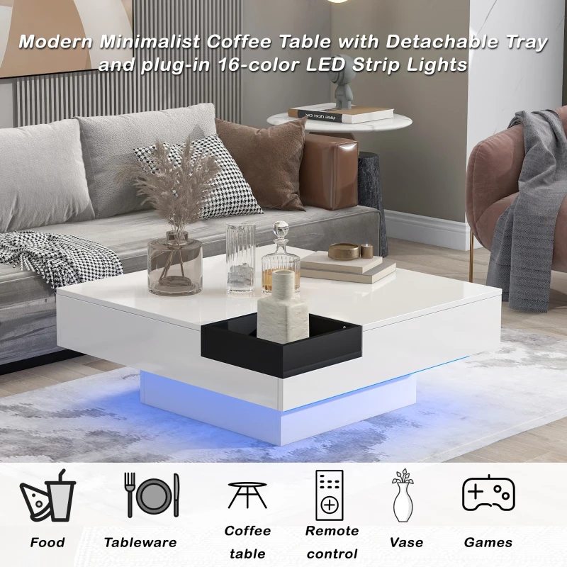 Vinsetto Modern Minimalist 31.5" Square Coffee Table with Detachable Tray and 16-Color LED Strip Lights, Remote Control, 31.5" L x 31.5" W x 12" H, White