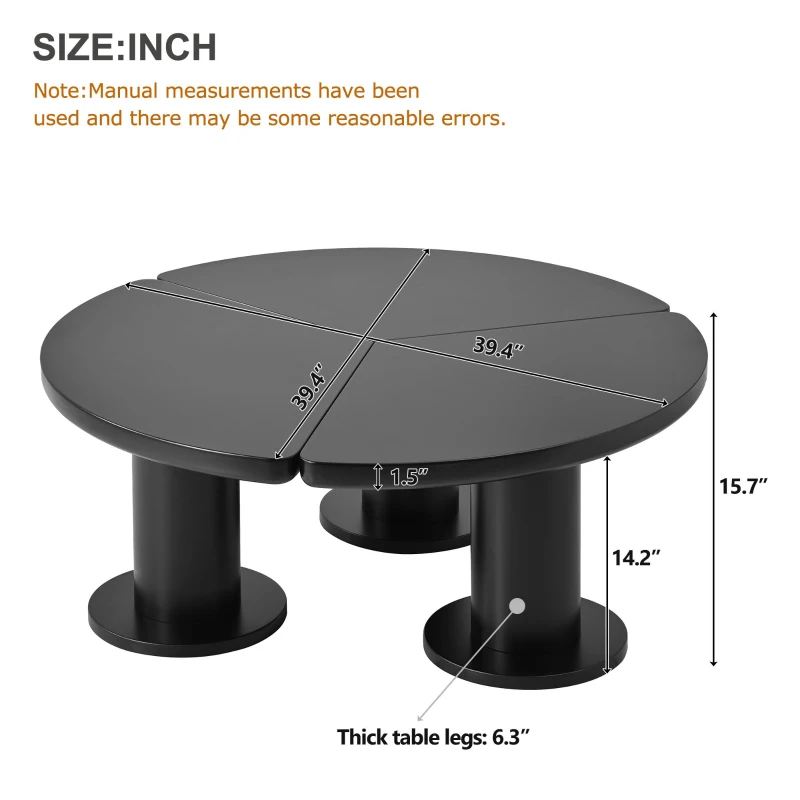 Round Petal-Shaped Coffee Table with Thick Legs and Sleek Edges, Minimalist Design, 39.5" Diameter, Easy Assembly, Black