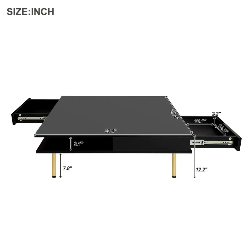 Exquisite High Gloss Coffee Table with 4 Golden Legs, 2 Small Drawers, and 2-Tier Square Center Table for Living Room, Black