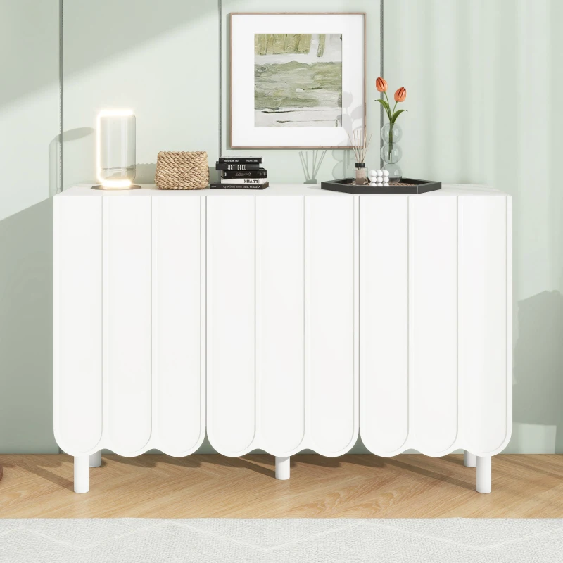 Minimalist Storage Shoe Cabinet with Adjustable Shelves, Solid Wood Legs, and Wave Doors, 47" L x 13.5" W x 31.5" H, White
