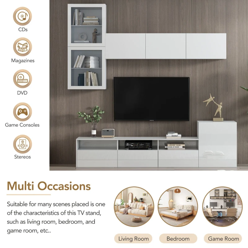 Vinsetto High Gloss TV Stand for TVs Up to 78" with Ample Storage, Media Console, Wall Mounted Floating Cabinets, 93" L x 15" W x 26" H, White