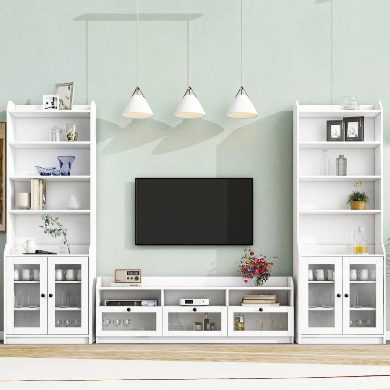 Vinsetto Modern Multifunctional TV Stand Set for TVs Up to 65" with Acrylic Board Door, Tall Cabinets, Chic Elegant Entertainment Wall Unit, White
