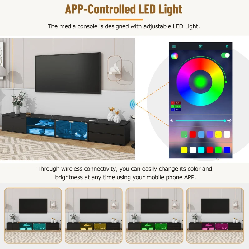 Modern APP Controlled LED TV Stand for TVs Up to 105", Faux Marble Media Console, with Tempered Glass Doors, 2 Drawers & Cabinets, Black
