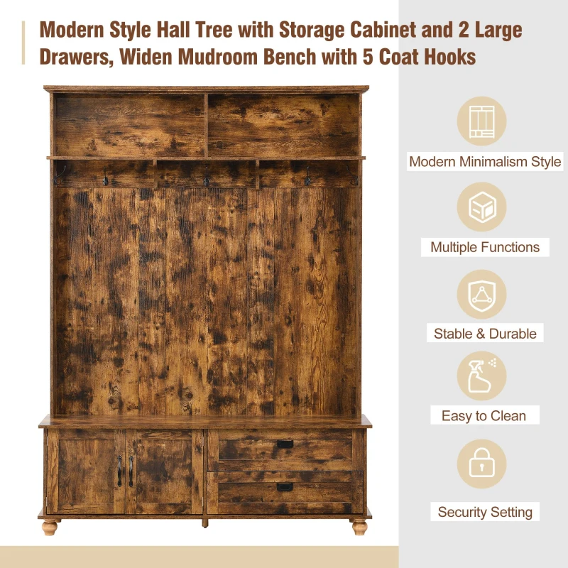 Vinsetto Modern Hall Tree with Storage Cabinet, 2 Large Drawers, Mudroom Bench with 5 Coat Hooks, 59" L x 16" W x 80.5" H, Rustic Brown