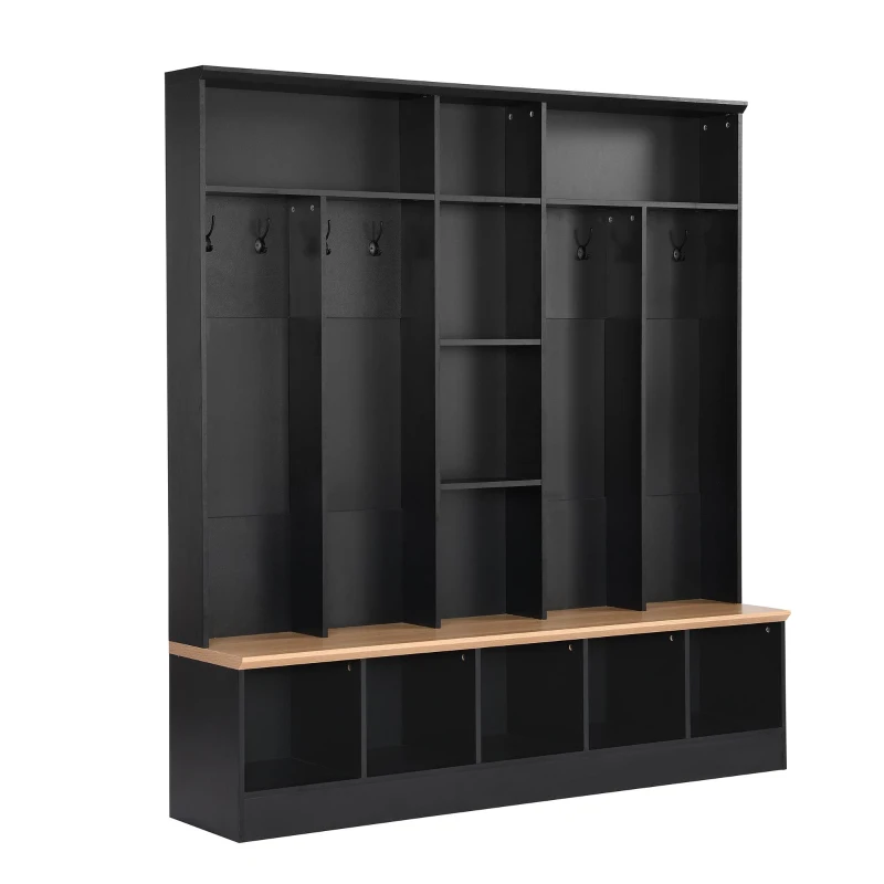 Vinsetto Wide Hall Tree with Storage Bench, Cube Storage, Shelves and 8 Hooks, Multifunctional Coat Rack, Shoe Cabinet, 67" L x 15" W x 72" H, Black