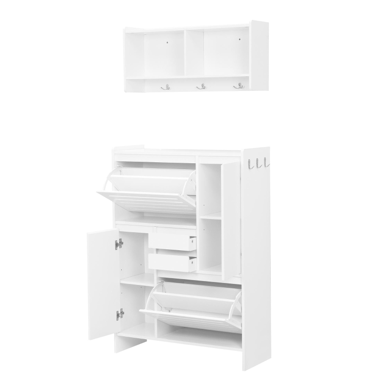 Vinsetto Multi-Functional Shoe Cabinet with Wall Cabinet, Space-Saving Design, 2 Flip Drawers, Versatile Side Cabinet for Hallway, White