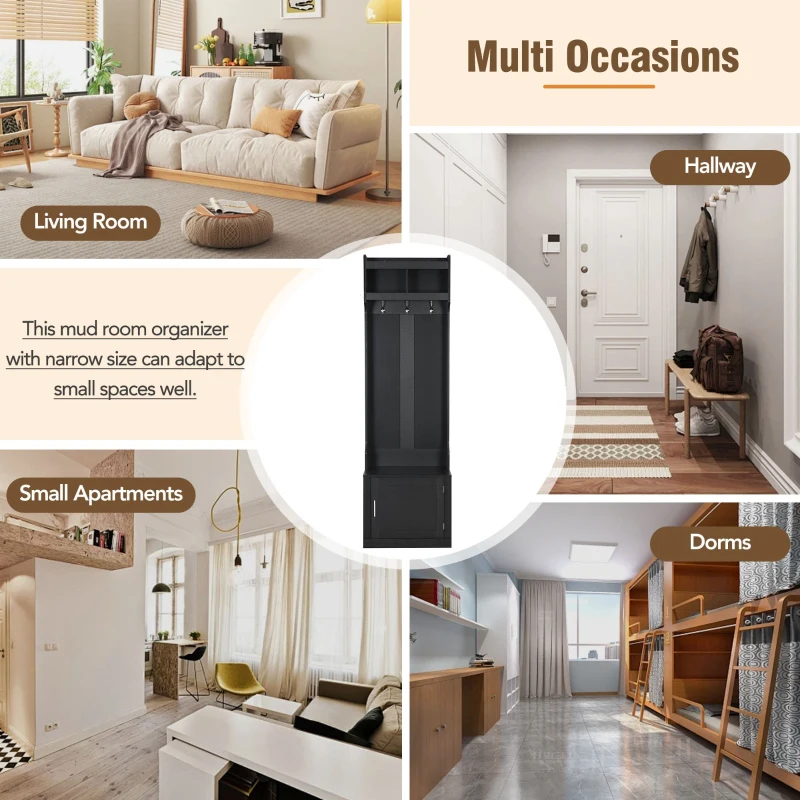 Vinsetto Minimalist Slim Hall Tree with Cabinet & 6 Hanging Hooks, Multi-functional Storage, Elegant Foyer Cabinet for Hallway, Living Room, Black